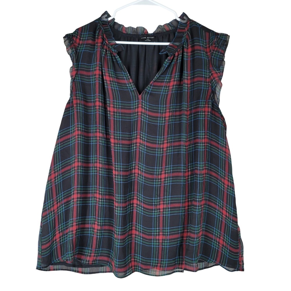 Lane Bryant Plaid Top Women 22/24 Black Red Green Ruffle Split Neck Sleeveless